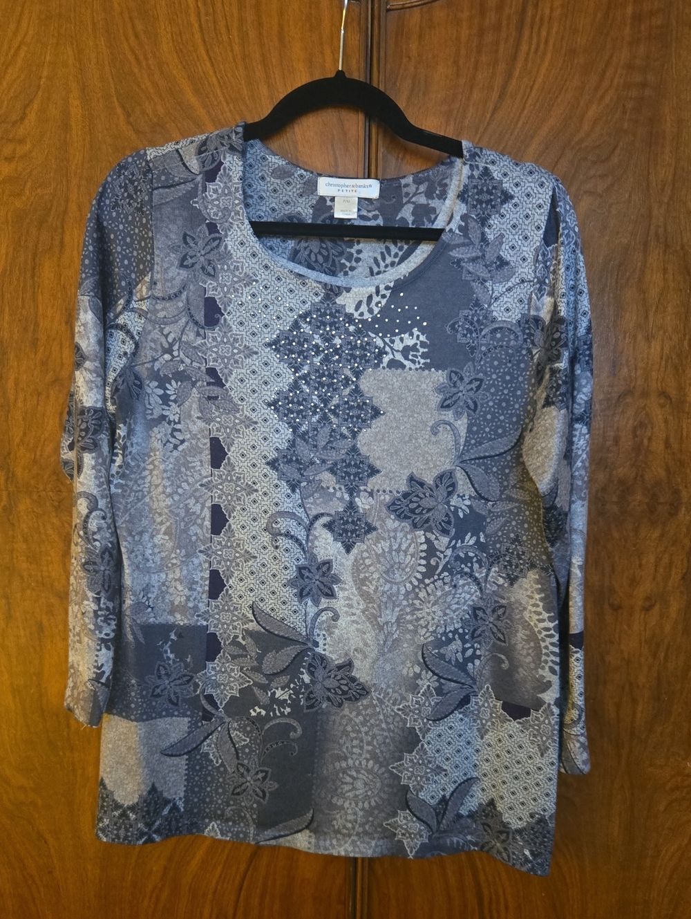 Christopher & Banks Navy and Gray Patchwork Floral Long-Sleeve Tee